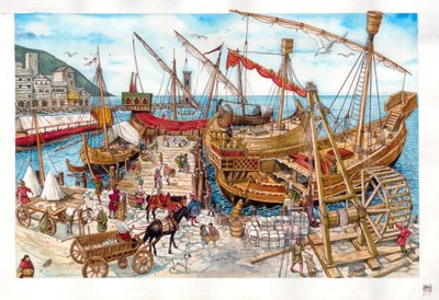 Orta Çağ: Ligurya bölgesindeki bir limanda ticari faaliyetler, teknelerin yüklenmesi. İtalya 14. yüzyıl by Giorgio Albertini
