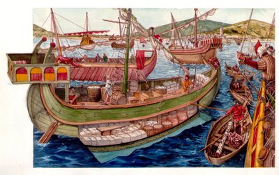 Orta Çağ: Pisa şehrinin limanında ticari faaliyetler, teknelerin yüklenmesi. İtalya 13. yüzyıl by Giorgio Albertini