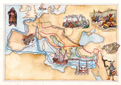 Orta Çağ: Çeşitli Haçlı Seferleri sırasında Haçlı Seferleri tarafından kullanılan kara ve deniz yollarını gösteren Avrupa ve Orta Doğu haritası by Giorgio Albertini