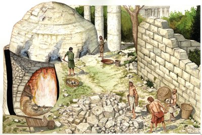 Orta Çağ: Bir kireç fırınının (chaufour) yeniden inşası, işçiler kireçtaşı işliyor. Giorgio Albertini tarafından çizilmiştir. (Bu yazarın eserlerinin kullanımı üçüncü bir tarafın izin başvurusuna veya ek ücret ödenmesine tabi değildir). by Giorgio Albertini