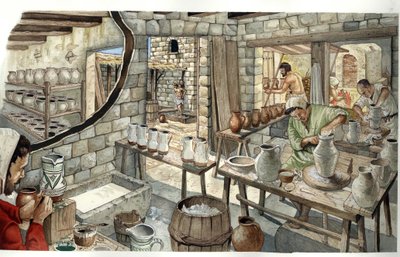 Orta Çağ: 14. yüzyılda bir seramikçi ve çömlekçi atölyesinin temsili. by Giorgio Albertini