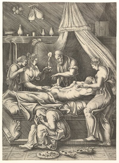Bir hastalık alegorisi, figürlerle çevrili bir yatakta secde eden adam, yaklaşık. 1540. by Giorgio Ghisi
