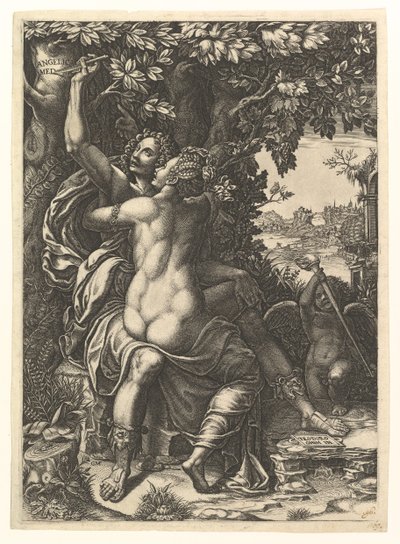 Angelica ve Medoro, kucaklaşan çift, Medoro isimlerini bir ağaç kabuğuna oyuyor..., yakl. 1570. by Giorgio Ghisi