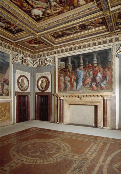 Kardinal seçimleri sırasında kendisini temsil eden bir tabloyla Papa Leo X'in odasının görünümü (fresk by Giorgio Vasari