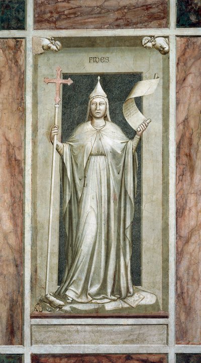 İnanç, Haçı tutan kadın figürü ve Vahyedilmiş Gerçeğin bir parşömen sembolü, bir idolü yok ederken ve Kabala sembollerinin üzerinde dururken, Giotto tarafından, fresk döngüsü The Vices and Virtues, restorasyondan sonra, Scrovegni Şapeli, Padua, Veneto, İta by Giotto (c.1266 1337)