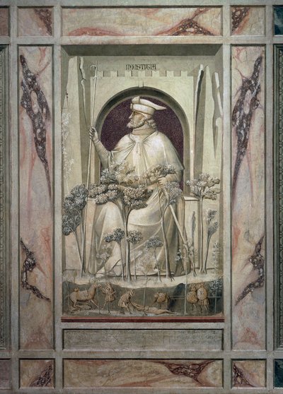Adaletsizlik, önünde şer ağaçları büyürken elinde bir kılıç tutan yaşlı bir adam, Giotto tarafından, 2002