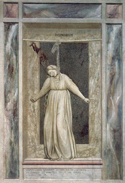Çaresizlik, kendini asan kadın figürü ve saçından yakalayan şeytan, Giotto (1267-1337), fresk döngüsünden detay The Vices and Virtues by Giotto (c.1266 1337)