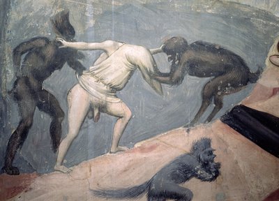 Son Yargı: Cehennem, iki iblis tarafından alınan lanetlilerden birinin detayı, c.1303-05 by Giotto di Bondone