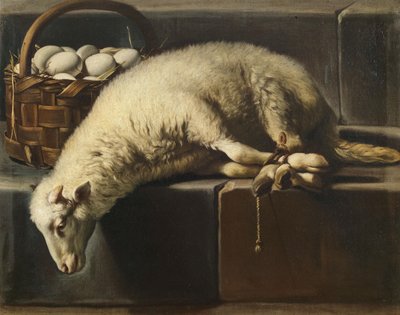 Bir sepet yumurta yanında bağlanmış bir kuzu Paskalya Alegorisi, 17. Yüzyılın İkinci Yarısı.. by Giovan Battista Recco