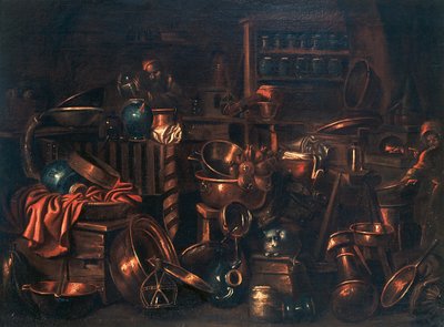 Simyacının laboratuvarı, Gian Domenico Valentino (1630-1708), İtalya tarafından yapılan resim by Giovan Domenico Valentino
