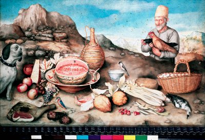 Natürmort Balık, kavun, jambon, enginar, kereviz, oyun. Giovanna Garzoni