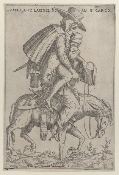 Bir katır üzerinde iki adam ile karikatür, 1575-99. by Giovanni Ambrogio Brambilla