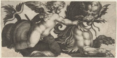 Putto bir deniz canavarına yaprak besliyor Deniz canavarları olan Frizler (dizi başlığı) by Giovanni Andrea Maglioli