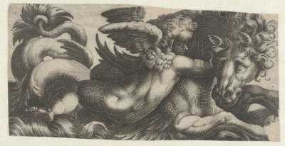 Boynunda bir putto olan denizatı Deniz canavarları olan Frizler (dizi başlığı) by Giovanni Andrea Maglioli