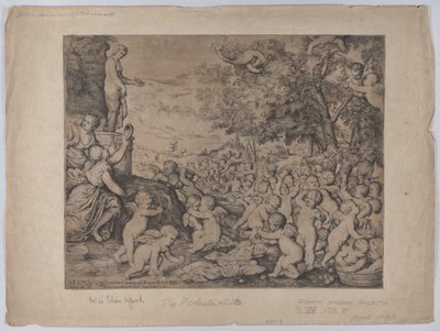 Putti, bir Venüs heykelinin önünde, Titian