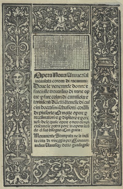 Opera Nova Universali intitulata Corona di racammi, başlık sayfası recto, [1530]. by Giovanni Andrea Vavassore