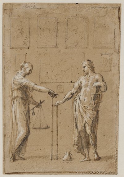 Tablolarla dolu bir duvarın önünde, her biri pullu ve cetvelli, antika kostümlü bir erkek ve bir kadın. Adamın önünde yerde bir çanta by Giovanni Angelo Canini