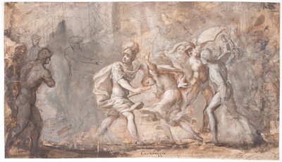 Tarpeia, Sabinlerin kalkanları altında eziliyor by Giovanni Angelo Canini
