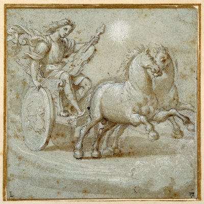 Apollo, arabasına kemanıyla oturuyor (siyah tebeşir, tükenmez kalem ve carta azzurra