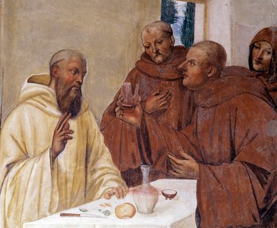 Benedict bir kadeh zehirli şarap kırar haç işareti yaparak Antonio Bazzi dit il Sodoma (1477 - 1549) tarafından yapılan kilisenin Detay freski Benedictine Tarikatı