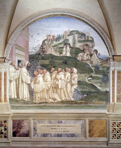 Benedict, dağın tepesinde bir kaynağı ateşledi Antonio Bazzi dit il Sodoma (1477 - 1549) tarafından yapılan manastırın freski, Benedictine Tarikatı