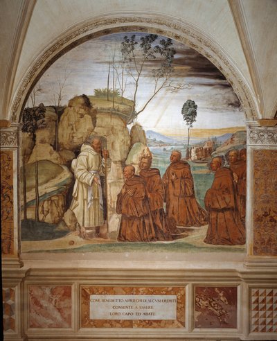 Benedict, keşişlerin duasına nasıl cevap veriyor ve liderleri olmayı kabul ediyor Antonio Bazzi dit il Sodoma (1477 - 1549) tarafından gerçekleştirilen ve Benedictine Tarikatı
