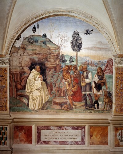 Benedict, kendisini ziyaret eden köylülere kutsal doktrini nasıl öğretir (Aziz Benedict, onu ziyaret eden köylülere kutsal doktrini öğretir) Antonio Bazzi dit il Sodoma (1477 - 1549) tarafından Nurs
