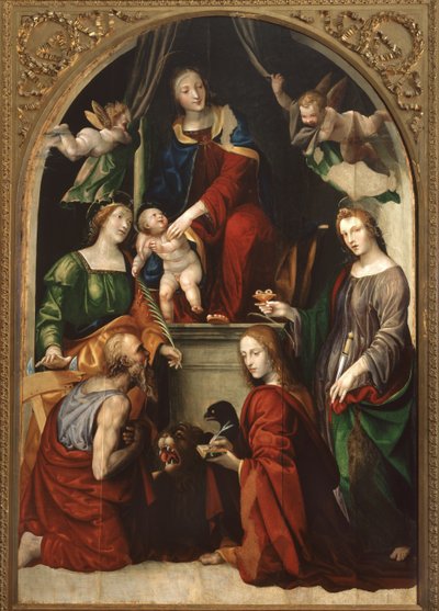 Azizler Jerome arasında Madonna ve Çocuk ve Melekler, İskenderiyeli Catherine, Lucy ve Evangelist John, c.1513 by Giovanni Antonio Bazzi Sodoma