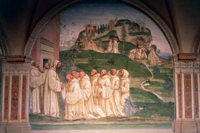 Aziz Benedict keşişler tarafından yalvardı, dağın tepesinden su üretiyor, Monte Oliveto Maggiore Aziz Benedict Öykülerinden sahne by Giovanni Antonio Bazzi Sodoma
