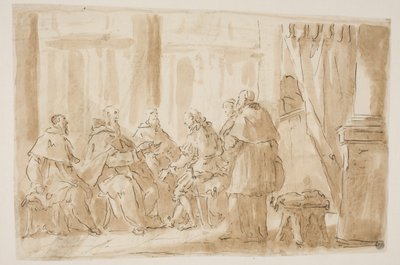 Bir meslekten olmayanla konuşan beş din adamından oluşan bir grup by Giovanni Antonio Pellegrini