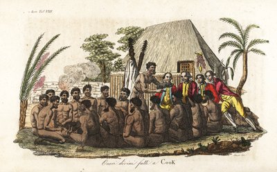 Hawaii yerlileri, 12 rahibin önünde Kaptan James Cook'a kurbanlık bir domuz ve kutsal Orono evinde tahta bir idol sunar. Giulio Ferrario'nun Tüm Halkların Eski ve Modern Kostümlerinden John Webber'den sonra Sasso tarafından oyulmuş elle boyanmı by Giovanni Antonio Sasso