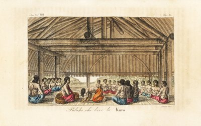 Kral Polaho, Tonga'da (Dost Adalar) uzun bir evde kava içiyor. Sasso tarafından, Giulio Ferrario'nun Tüm Dünya Halklarının Antik ve Modern Kostümlerinden John Webber'den sonra oyulmuş, elle boyanmış bakır levha, Floransa, İtalya by Giovanni Antonio Sasso
