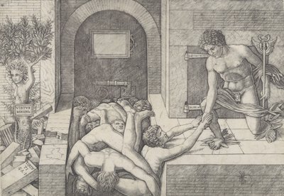 Cehalet ve Merkür, Erdem ve Mengenenin bir alegorisi, Merkür sağda diz çökmüş..., ca. 1490-1525. by Giovanni Antonio da Brescia