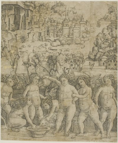 Bir Manzarada İki Koçlu Yedi Aşk Tanrısı by Giovanni Antonio da Brescia