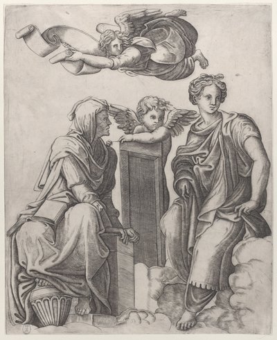 Bir meleği çevreleyen bulutlarda oturan iki kadın figürü ve yukarıda uçan bir diğeri ..., yaklaşık. 1510-25. by Giovanni Antonio da Brescia