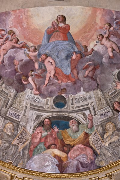 Cenova, Duomo (Aziz Lawrence Katedrali), içeride, Lercari Şapeli veya Kutsal Ayin Şapeli (Kuzey apsis), apsis: "Bakirenin Göğe Kabulü", Bergamasco olarak bilinen Giovanni Battista Castello tarafından yapılan fresk by Giovanni Battista Castello