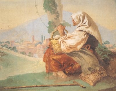 Peyzaj köylüye sahip yaşlı bir adam oturuyor, başını kanlı bir adam yüzünü saklıyor by Giovanni Battista Tiepolo