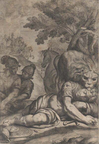 Sağda düşmüş bir süvarinin tepesinde bir aslan, solda diğer iki asker, 1640-70. by Giovanni Battista Bonacina