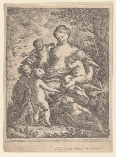 Beş çıplak çocukla çevrili bir manzarada oturan Charity, 1692-1727. by Giovanni Battista Catenaro