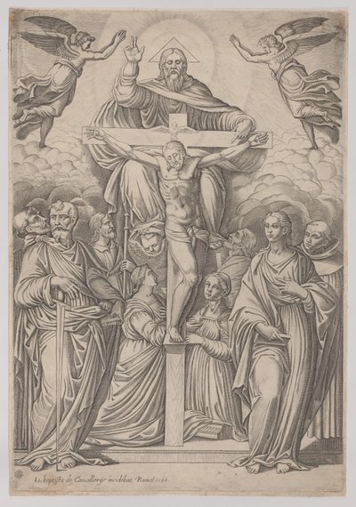 Üçlü Birlik, merkezde çarmıha gerilmiş ve iki yanında azizler, 1586. by Giovanni Battista Cavalieri