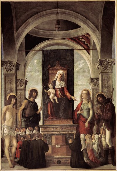 Kutsal konuşma, bakire ve çocuğu Vaftizci Yahya, Aziz Sebastian, Aziz Roch, Aziz Mary Magdalene (tuval üzerine yağlı boya, c.1487-1488) ile çevrili by Giovanni Battista Cima da Conegliano
