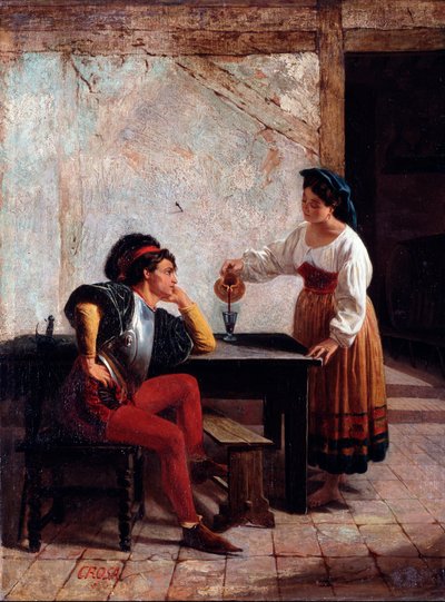 Bir handa genç hizmetçi ve bir asker Tablo Giovanni Battista Crosa (1859 ve 1882 arasında aktif) 1865 Dim 98x64 cm Genes, Galleria d