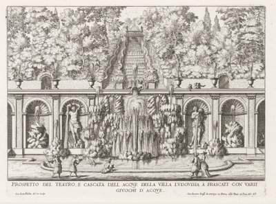 Cascade en Teatro delle Acque in de tuinen van de Villa Torlonia te Frascati Villa Ludovisia tiyatrosu ve şelalesinin prospektüsü (...) (nesne üzerindeki başlık) Frascati villalarının çeşmeleri (dizi başlığı) Fonteinen van Frascati (dizi adı) by Giovanni Battista Falda