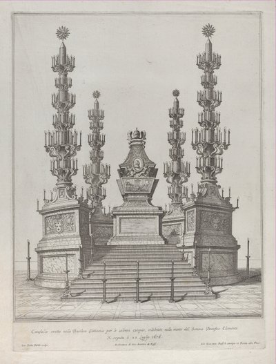Papa Clement X için Katafalk: 15 basamaklı bir platform üzerinde yükseltilmiş merkezi bir yapı, c..., 1676. by Giovanni Battista Falda