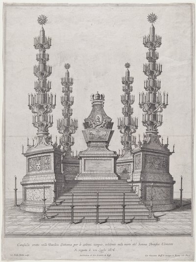 Papa Clement X için Katafalque, on beş basamaklı bir platformun tepesindeki merkezi yapı, wi..., 1676. by Giovanni Battista Falda
