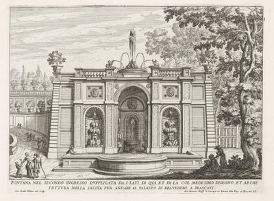 Fontein in de tuinen van de Villa Aldobrandini te Frascati İkinci girişteki çeşme kenarlardan ikiye katlanmıştır (...) (nesne üzerindeki başlık) Frascati villalarının çeşmeleri (dizi başlığı) Fonteinen van Frascati (dizi adı) by Giovanni Battista Falda