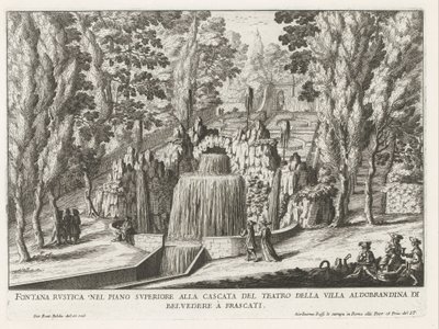 Fontein in de tuinen van de Villa Aldobrandini te Frascati Tiyatronun şelalesindeki üst kattaki rustik çeşme (...) (nesne üzerindeki başlık) Frascati villalarının çeşmeleri (dizi başlığı) Fonteinen van Frascati (dizi adı) by Giovanni Battista Falda