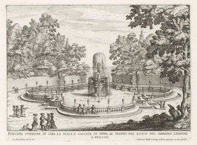Fontein in de tuinen van de Villa Torlonia te Frascati Merdivenin tepesindeki üst çeşme ve tiyatronun üzerindeki şelale (...) (nesne üzerindeki başlık) Frascati villalarının çeşmeleri (dizi başlığı) Fonteinen van Frascati (dizi adı) by Giovanni Battista Falda