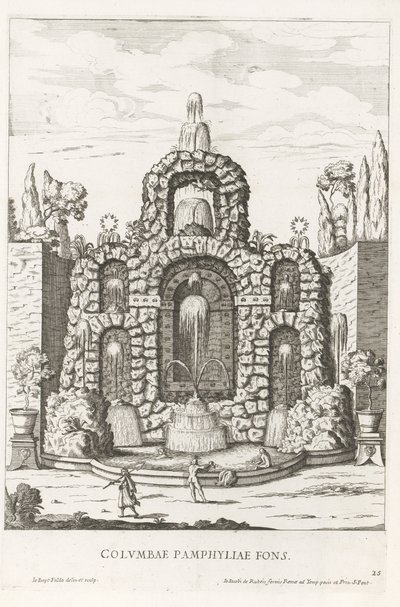 Roma'daki Villa Doria Pamphilj bahçelerinde güvercinli çeşme Columbae Pamphyliae fons (nesne üzerindeki başlık) Le fontane ne palazzi e ne giardini di Roma (dizi başlığı) Roma saray ve bahçelerindeki çeşmeler (dizi başlığı) by Giovanni Battista Falda