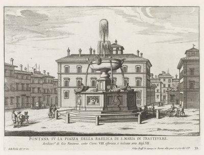 Fontein op Piazza Santa Maria Trastevere'deki S. Maria Bazilikası meydanındaki Trastevere Çeşmesi (nesne üzerindeki başlık) Roma Çeşmeleri (dizi başlığı) Fonteinen van Rome (dizi başlığı) by Giovanni Battista Falda